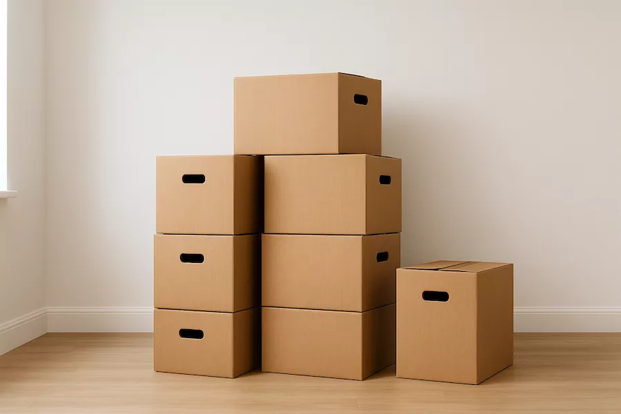 Staplade flyttkartonger i ett tomt rum inför flytt
